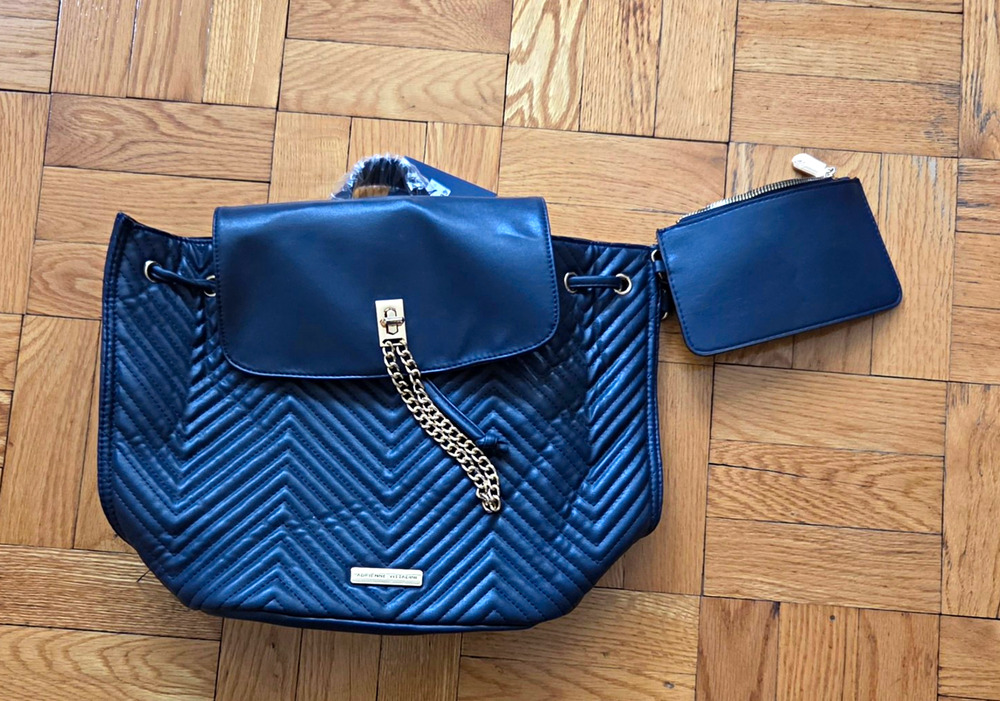 Adrienne Vittadini Blue Quilted Chevron Shoulder Bag Zip w/ Pouch Gold Hardware